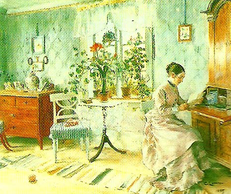 Carl Larsson interior med lasande dam